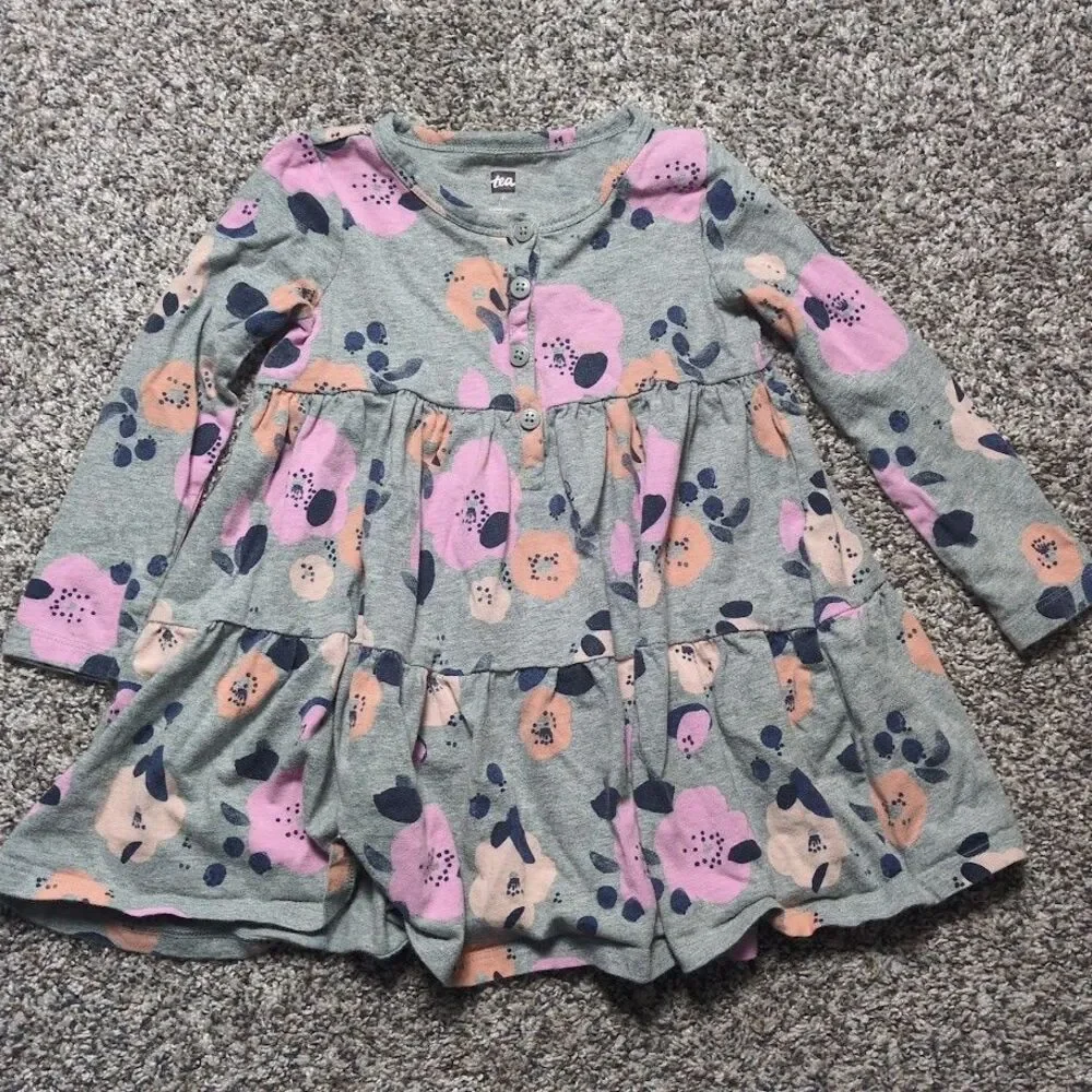 Tea Collection Toddler Girl Size 3 Tiered Knit Henley Dress Gray Pink Floral